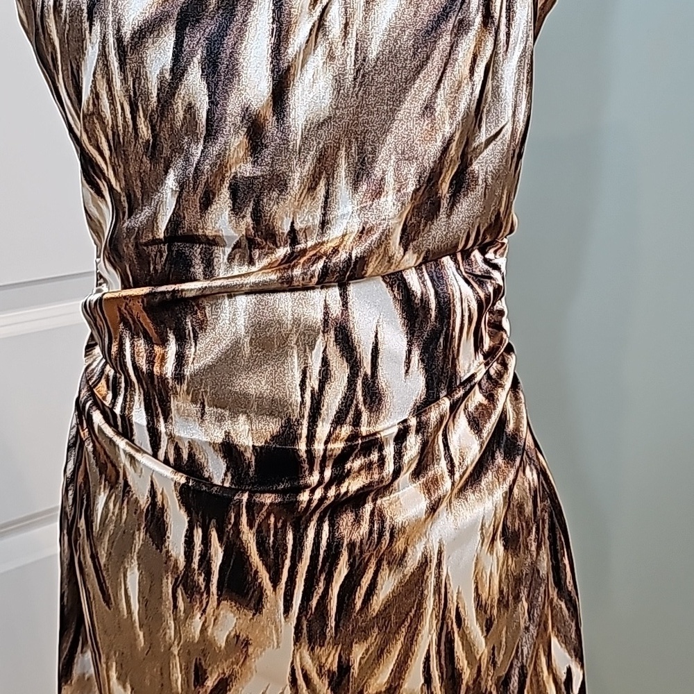 Maggie London Brown Tan Cream Faux Wrap Pleated Formal Party Dress - Size 12 - Picture 4 of 9